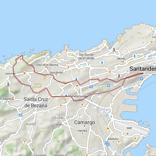 Miniaturní mapa "Gravel Tour around Santander" inspirace pro cyklisty v oblasti Cantabria, Spain. Vytvořeno pomocí plánovače tras Tarmacs.app