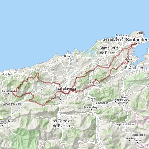 Miniatura della mappa di ispirazione al ciclismo "Giro in bicicletta su sterrato - Esplora le montagne di Cantabria" nella regione di Cantabria, Spain. Generata da Tarmacs.app, pianificatore di rotte ciclistiche