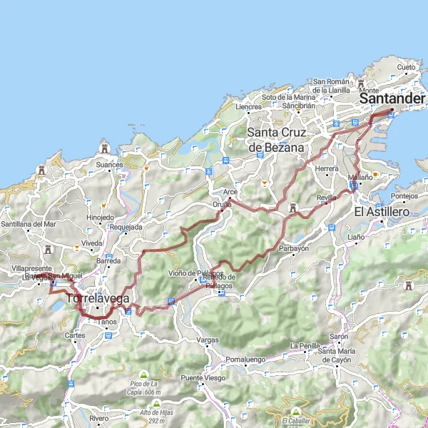 Miniaturekort af cykelinspirationen "Gravelrute omkring Santander" i Cantabria, Spain. Genereret af Tarmacs.app cykelruteplanlægger