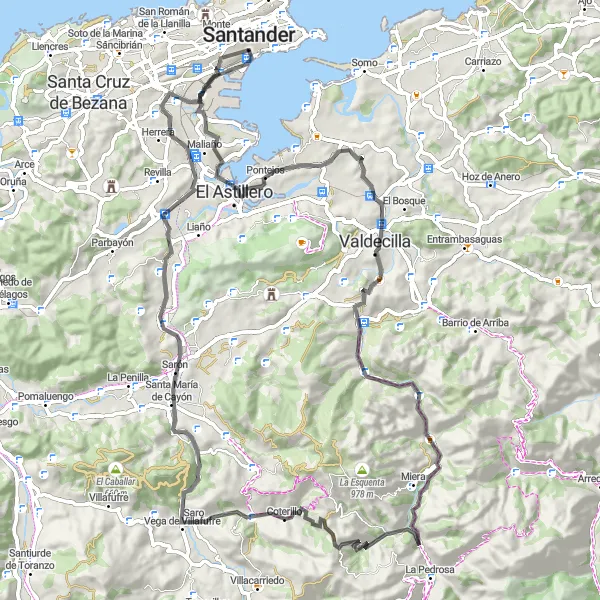 Miniatura della mappa di ispirazione al ciclismo "Tour in bici - Esplora la campagna di Cantabria" nella regione di Cantabria, Spain. Generata da Tarmacs.app, pianificatore di rotte ciclistiche