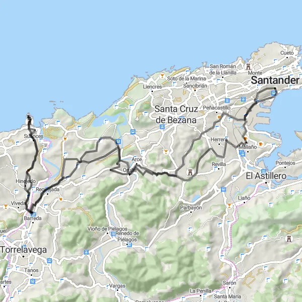 Miniaturní mapa "Silniční cyklostezka s výškovým rozdílem 1056 metrů a délkou 85 km" inspirace pro cyklisty v oblasti Cantabria, Spain. Vytvořeno pomocí plánovače tras Tarmacs.app