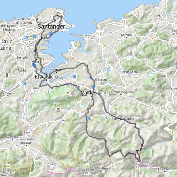 Miniatua del mapa de inspiración ciclista "Ruta desafiante hacia El Astillero" en Cantabria, Spain. Generado por Tarmacs.app planificador de rutas ciclistas