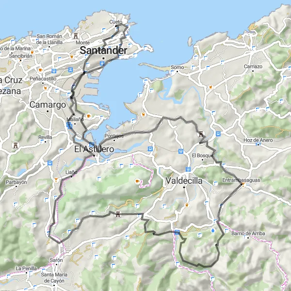 Miniatua del mapa de inspiración ciclista "Ruta de Santander a Liérganes" en Cantabria, Spain. Generado por Tarmacs.app planificador de rutas ciclistas