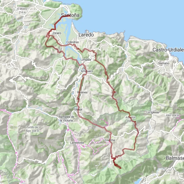 Karten-Miniaturansicht der Radinspiration "Herausfordernde Gravel-Expedition" in Cantabria, Spain. Erstellt vom Tarmacs.app-Routenplaner für Radtouren