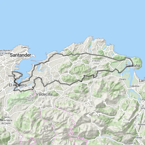 Miniatura mapy "Santoña - El Alvareo - Puente Agüero - Santiago de Cudeyo - Elechas - Loredo - El Molino - Piedrahíta - Mirador Sorbal" - trasy rowerowej w Cantabria, Spain. Wygenerowane przez planer tras rowerowych Tarmacs.app