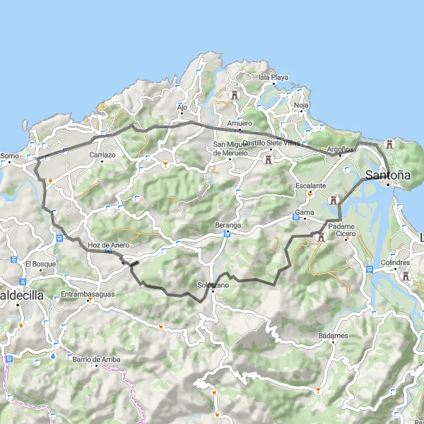 Miniaturekort af cykelinspirationen "Rundtur fra Santoña til Montehano, Solórzano, Villaverde de Pontones, El Molino, Arnuero og Piedrahíta" i Cantabria, Spain. Genereret af Tarmacs.app cykelruteplanlægger