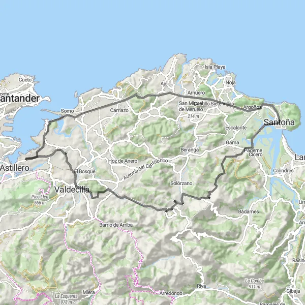 Miniatua del mapa de inspiración ciclista "Ruta en bicicleta de carretera desde Santoña" en Cantabria, Spain. Generado por Tarmacs.app planificador de rutas ciclistas