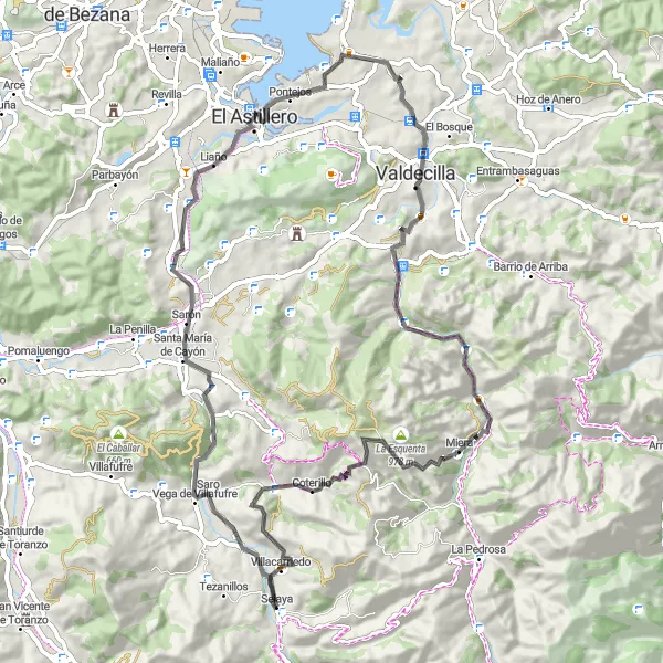 Miniature de la carte de l'inspiration cycliste "Villafufre to Villacarriedo Road Cycling Route" dans la Cantabria, Spain. Générée par le planificateur d'itinéraire cycliste Tarmacs.app