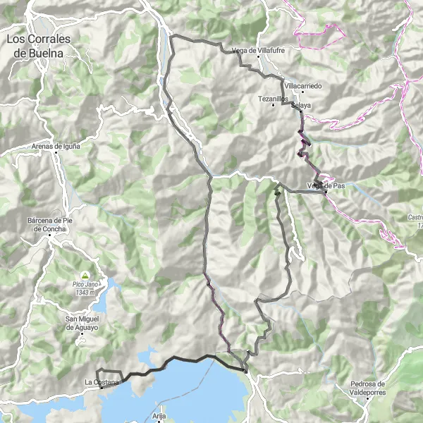 Miniature de la carte de l'inspiration cycliste "Vega de Pas Circuit Road Adventure" dans la Cantabria, Spain. Générée par le planificateur d'itinéraire cycliste Tarmacs.app