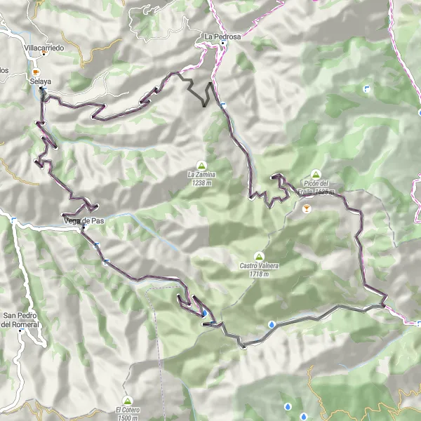 Map miniature of "Scenic Road Cycling: Selaya, El Mojón, Venti, Arca de agua del resbaladero de maderas, Pico del Rostro, and Vega de Pas" cycling inspiration in Cantabria, Spain. Generated by Tarmacs.app cycling route planner
