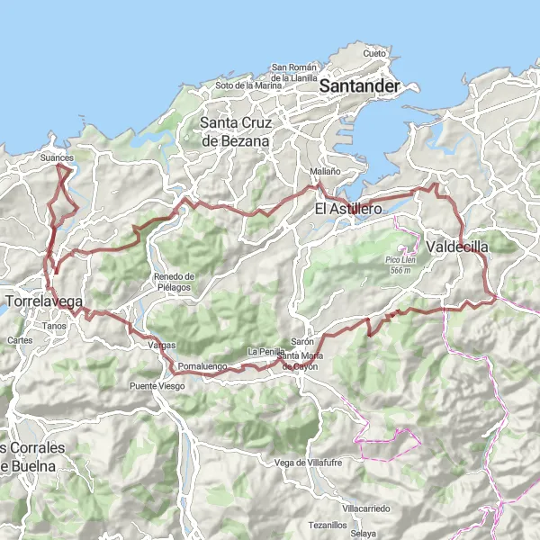 Miniatura della mappa di ispirazione al ciclismo "Giro fuoristrada da Suances a Vargas tra natura e cultura" nella regione di Cantabria, Spain. Generata da Tarmacs.app, pianificatore di rotte ciclistiche