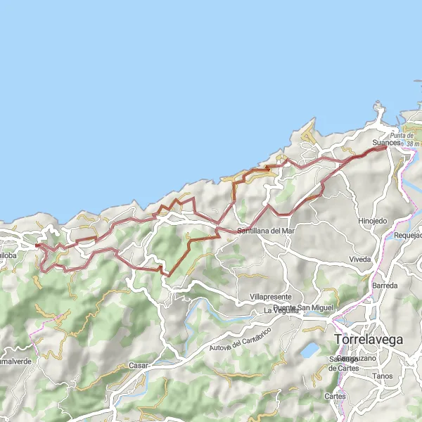 Miniatuurkaart van de fietsinspiratie "Suances - Viewpoint of Suances - Yuso - Novales - Mirador de Luaña - Oreña - Mirador del Ubiarco - Suances" in Cantabria, Spain. Gemaakt door de Tarmacs.app fietsrouteplanner