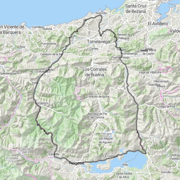 Map miniature of "Cantabrian Challenge" cycling inspiration in Cantabria, Spain. Generated by Tarmacs.app cycling route planner