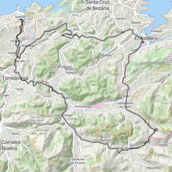 Miniature de la carte de l'inspiration cycliste "Oruña-Liaño" dans la Cantabria, Spain. Générée par le planificateur d'itinéraire cycliste Tarmacs.app