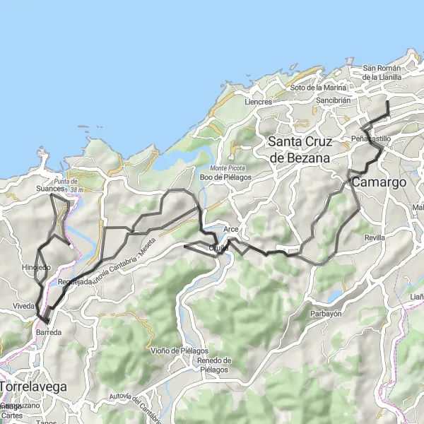 Miniatura della mappa di ispirazione al ciclismo "Giro in bicicletta panoramico da Suances a Peña Castillo" nella regione di Cantabria, Spain. Generata da Tarmacs.app, pianificatore di rotte ciclistiche