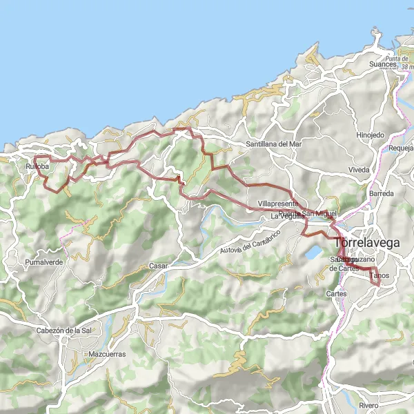 Miniatua del mapa de inspiración ciclista "Ruta de ciclismo de grava desde Torrelavega a través de Cerrazo, Novales, Picnic y Vispieres" en Cantabria, Spain. Generado por Tarmacs.app planificador de rutas ciclistas