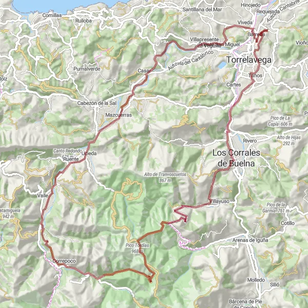 Miniatuurkaart van de fietsinspiratie "Torrelavega naar Pico Tordías en terug" in Cantabria, Spain. Gemaakt door de Tarmacs.app fietsrouteplanner