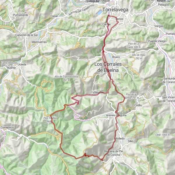 Miniatua del mapa de inspiración ciclista "Ruta en Bicicleta de Grava de 83 km desde Torrelavega" en Cantabria, Spain. Generado por Tarmacs.app planificador de rutas ciclistas