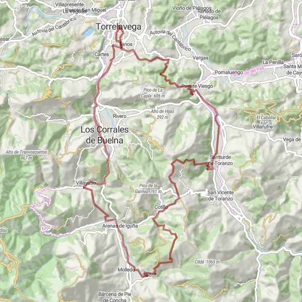Miniatua del mapa de inspiración ciclista "Ruta en Bicicleta de Grava de 81 km desde Torrelavega" en Cantabria, Spain. Generado por Tarmacs.app planificador de rutas ciclistas