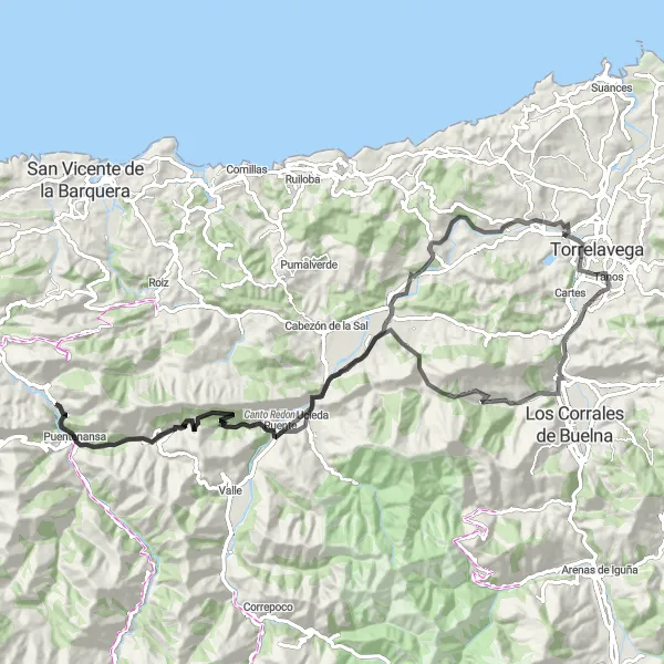 Miniatua del mapa de inspiración ciclista "Ruta por carretera cerca de Torrelavega" en Cantabria, Spain. Generado por Tarmacs.app planificador de rutas ciclistas