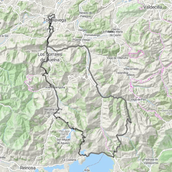 Miniatua del mapa de inspiración ciclista "Desafío de carretera cerca de Torrelavega" en Cantabria, Spain. Generado por Tarmacs.app planificador de rutas ciclistas