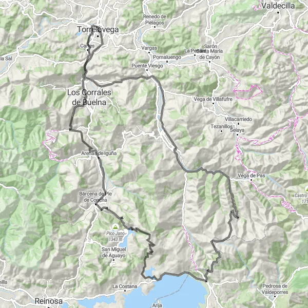 Miniature de la carte de l'inspiration cycliste "Parcours époustouflant de Torrelavega à Lanchares via Alto de Hijas et Corconte" dans la Cantabria, Spain. Générée par le planificateur d'itinéraire cycliste Tarmacs.app