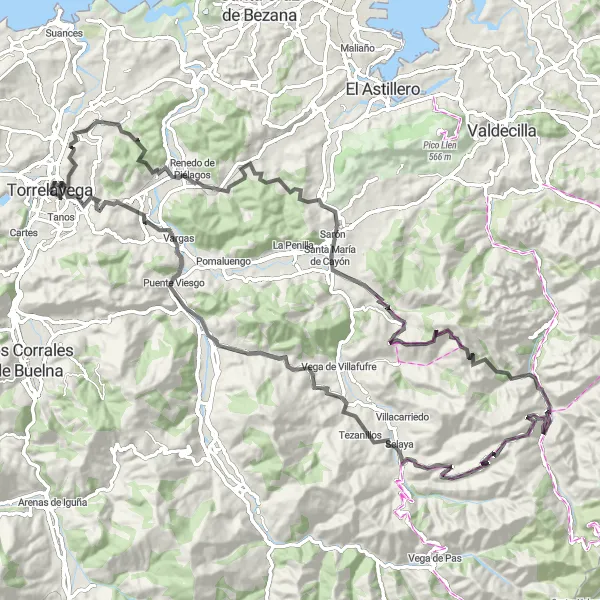 Miniature de la carte de l'inspiration cycliste "Route pittoresque de Torrelavega" dans la Cantabria, Spain. Générée par le planificateur d'itinéraire cycliste Tarmacs.app