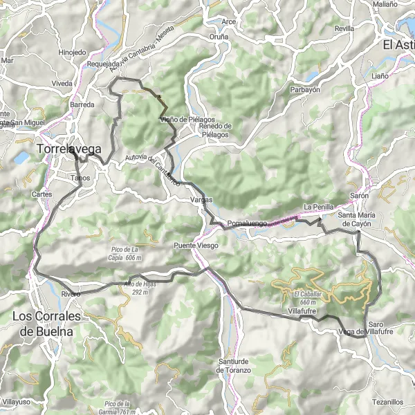 Miniatura della mappa di ispirazione al ciclismo "Giro in bici da Torrelavega a Villafufre" nella regione di Cantabria, Spain. Generata da Tarmacs.app, pianificatore di rotte ciclistiche