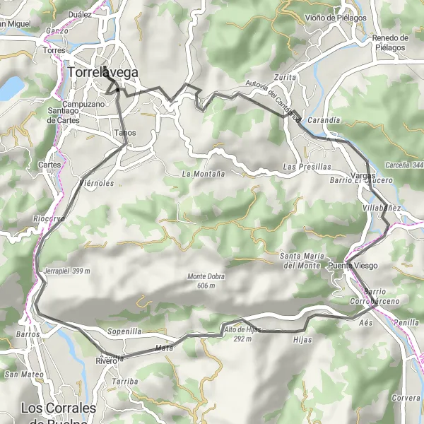 Miniature de la carte de l'inspiration cycliste "Boucle de Torrelavega à Villabáñez via Alto de Hijas et Jerrapiel" dans la Cantabria, Spain. Générée par le planificateur d'itinéraire cycliste Tarmacs.app