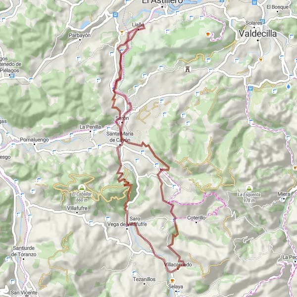 Map miniature of "Gravel Adventure: Villacarriedo Circuit" cycling inspiration in Cantabria, Spain. Generated by Tarmacs.app cycling route planner