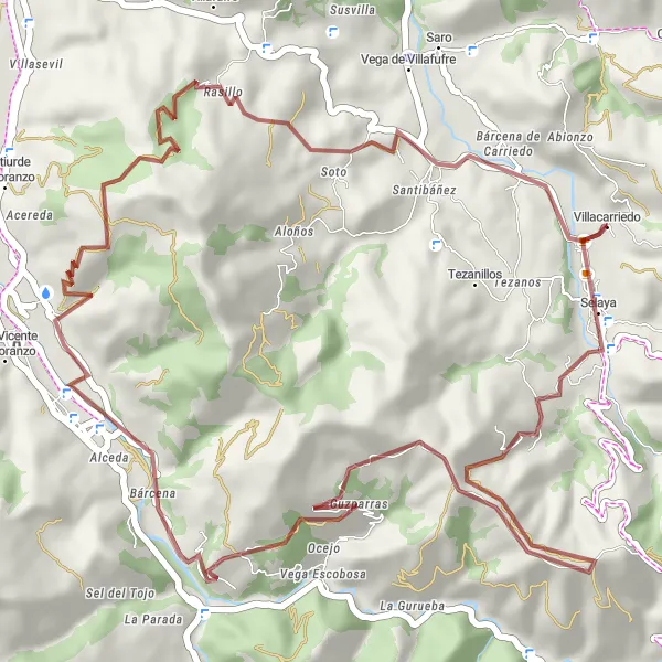 Miniatura della mappa di ispirazione al ciclismo "Gravel Route da Villacarriedo a Selaya e Bárcena de Carriedo" nella regione di Cantabria, Spain. Generata da Tarmacs.app, pianificatore di rotte ciclistiche