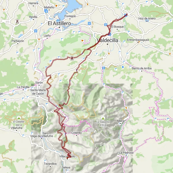 Map miniature of "The Ultimate Gravel Journey in Villacarriedo" cycling inspiration in Cantabria, Spain. Generated by Tarmacs.app cycling route planner