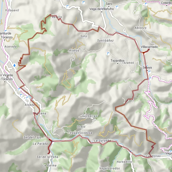 Map miniature of "Gravel Adventure in Villacarriedo" cycling inspiration in Cantabria, Spain. Generated by Tarmacs.app cycling route planner