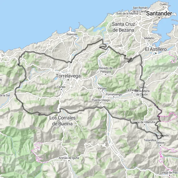 Map miniature of "The Ultimate Road Cycling Challenge in Villacarriedo" cycling inspiration in Cantabria, Spain. Generated by Tarmacs.app cycling route planner