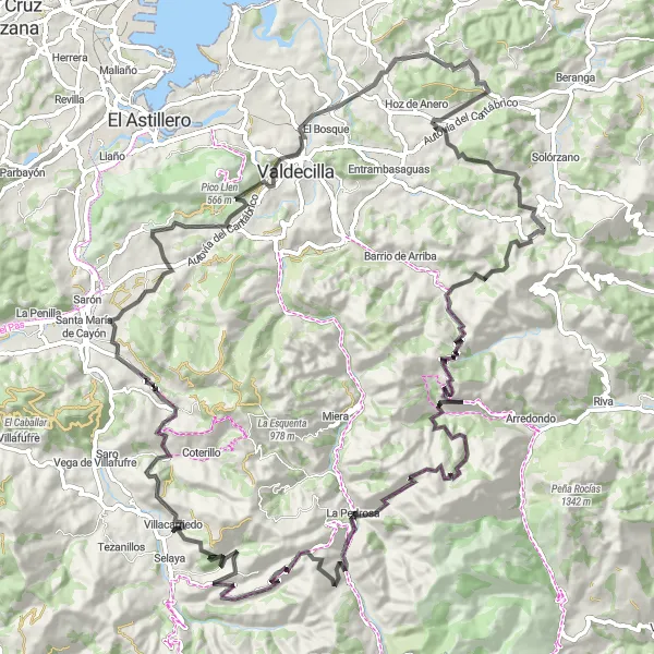 Map miniature of "Challenging Slopes and Scenic Routes" cycling inspiration in Cantabria, Spain. Generated by Tarmacs.app cycling route planner