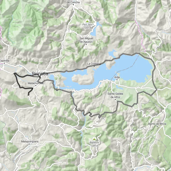 Miniature de la carte de l'inspiration cycliste "Boucle pittoresque de 101 km" dans la Cantabria, Spain. Générée par le planificateur d'itinéraire cycliste Tarmacs.app