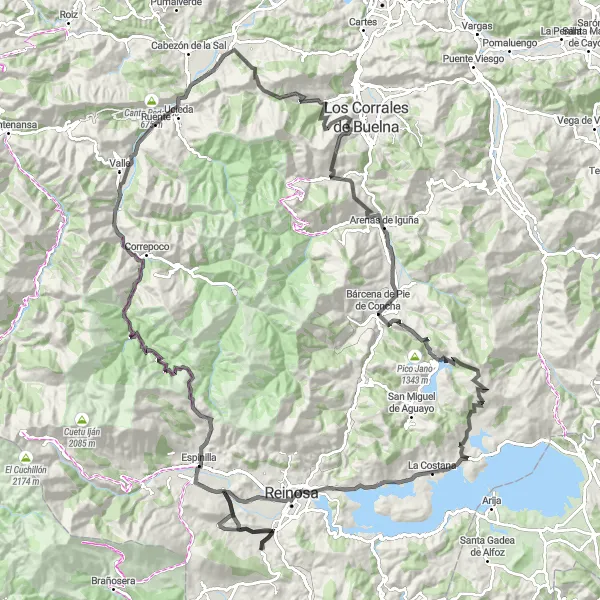 Miniatura mapy "Długi szlak ze wzniesieniem przez Espinilla, Renedo, Llendelazepa i Cos (Droga)" - trasy rowerowej w Cantabria, Spain. Wygenerowane przez planer tras rowerowych Tarmacs.app