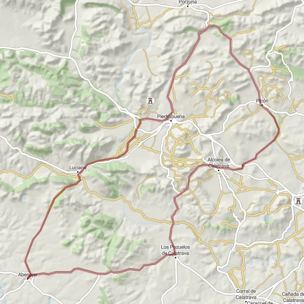 Map miniature of "Calatrava Gravel Journey" cycling inspiration in Castilla-La Mancha, Spain. Generated by Tarmacs.app cycling route planner