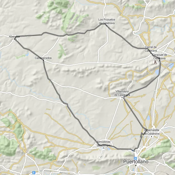 Map miniature of "Calatrava Circuit" cycling inspiration in Castilla-La Mancha, Spain. Generated by Tarmacs.app cycling route planner