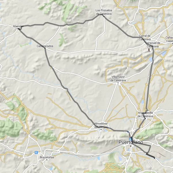 Map miniature of "Calatrava Historic Route" cycling inspiration in Castilla-La Mancha, Spain. Generated by Tarmacs.app cycling route planner