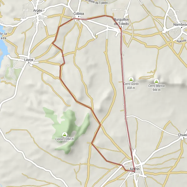 Map miniature of "Ajofrín Gravel Escape" cycling inspiration in Castilla-La Mancha, Spain. Generated by Tarmacs.app cycling route planner