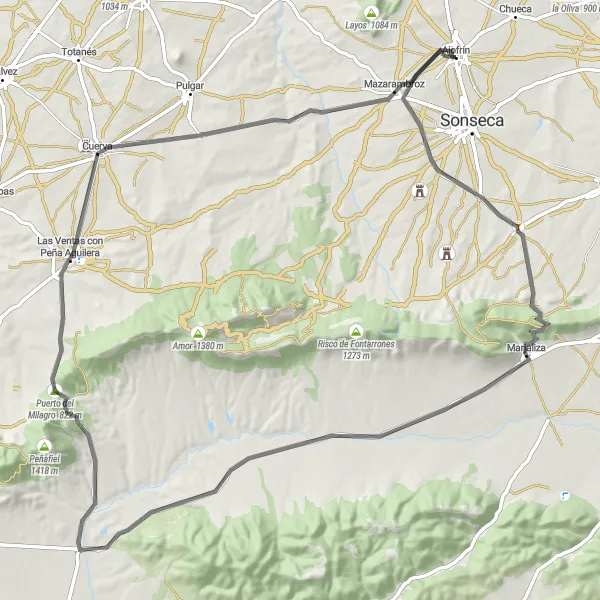 Miniatua del mapa de inspiración ciclista "Ruta de ciclismo de carretera hacia Marjaliza y Mazarambroz" en Castilla-La Mancha, Spain. Generado por Tarmacs.app planificador de rutas ciclistas