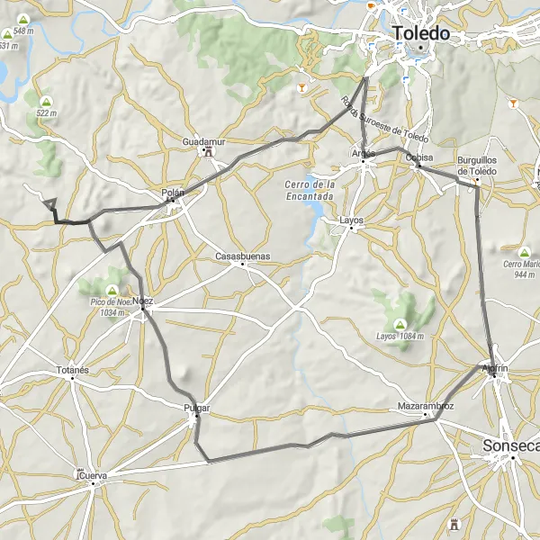 Miniaturekort af cykelinspirationen "Landevej cykeltur til Cobisa" i Castilla-La Mancha, Spain. Genereret af Tarmacs.app cykelruteplanlægger