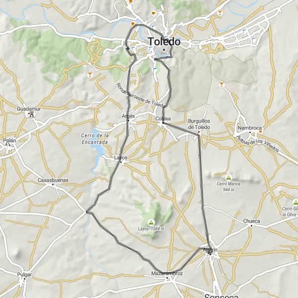 Map miniature of "Layos Loop" cycling inspiration in Castilla-La Mancha, Spain. Generated by Tarmacs.app cycling route planner