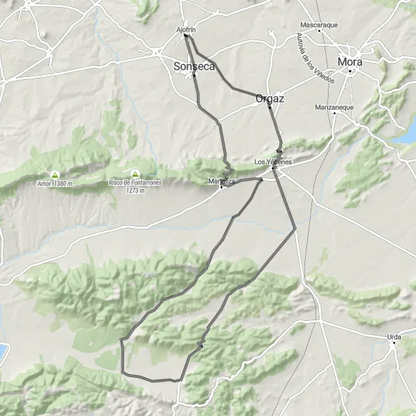 Miniatua del mapa de inspiración ciclista "Ruta de ciclismo de carretera hacia Arisgotas y Sonseca" en Castilla-La Mancha, Spain. Generado por Tarmacs.app planificador de rutas ciclistas