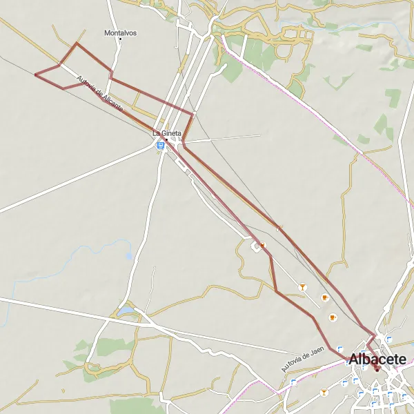 Map miniature of "Albacete Gravel Adventure" cycling inspiration in Castilla-La Mancha, Spain. Generated by Tarmacs.app cycling route planner