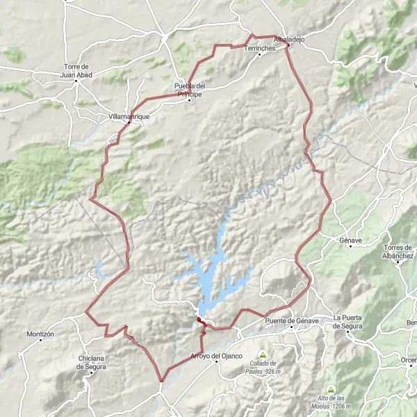 Map miniature of "The Albaladejo Gravel Adventure" cycling inspiration in Castilla-La Mancha, Spain. Generated by Tarmacs.app cycling route planner