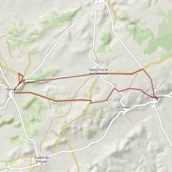 Miniatua del mapa de inspiración ciclista "Ruta de Ciclismo en Grava por los Alrededores de Albaladejo" en Castilla-La Mancha, Spain. Generado por Tarmacs.app planificador de rutas ciclistas