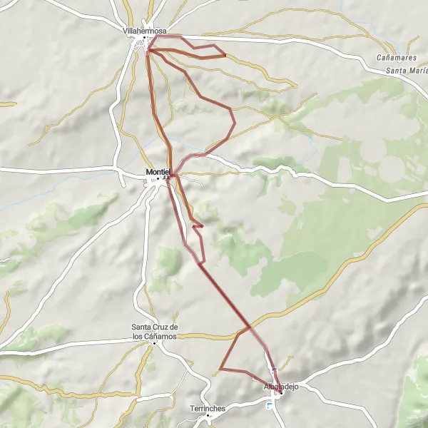 Miniatua del mapa de inspiración ciclista "Ruta de Ciclismo en Grava desde Albaladejo a Villahermosa" en Castilla-La Mancha, Spain. Generado por Tarmacs.app planificador de rutas ciclistas