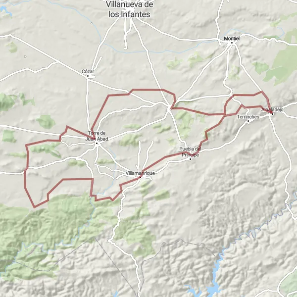 Miniatura mapy "Trasa szutrowa przez Albaladejo, Puebla del Príncipe, Villamanrique, Torre de Juan Abad, Almedina i Santa Cruz de los Cáñamos" - trasy rowerowej w Castilla-La Mancha, Spain. Wygenerowane przez planer tras rowerowych Tarmacs.app